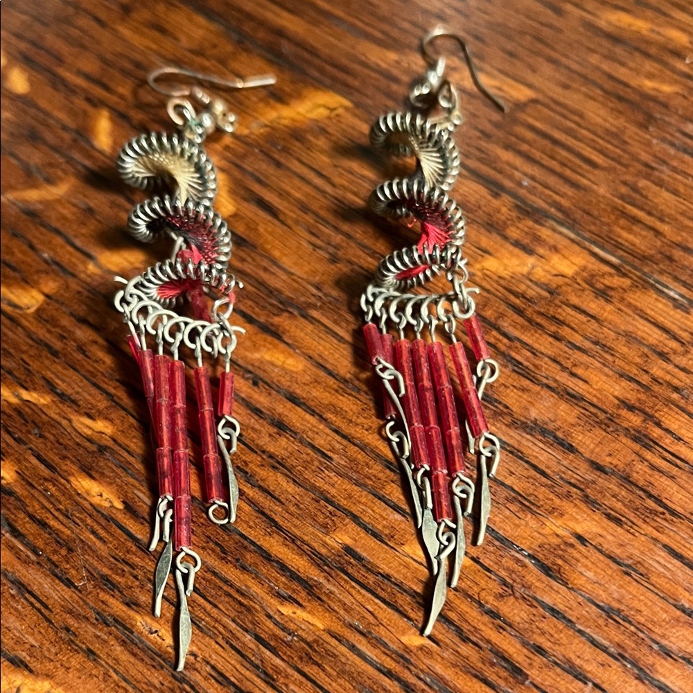 Red Spiral Fringe Drop Earrings - Unbranded